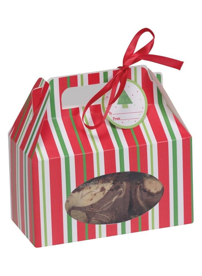 CREATIVE CONVERTING - Pack of 4 Red Green Stripes Treat Boxes With Handle & Tags 6.5X3.6inch - Image 1