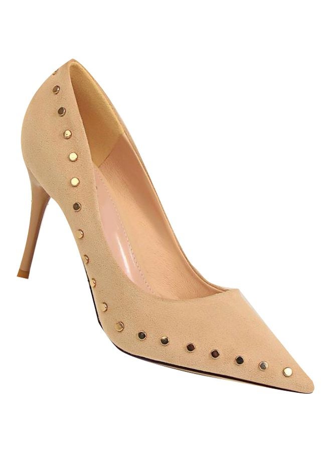 Rivet Detail Pointed Toe Pumps Beige/Gold - Image 1