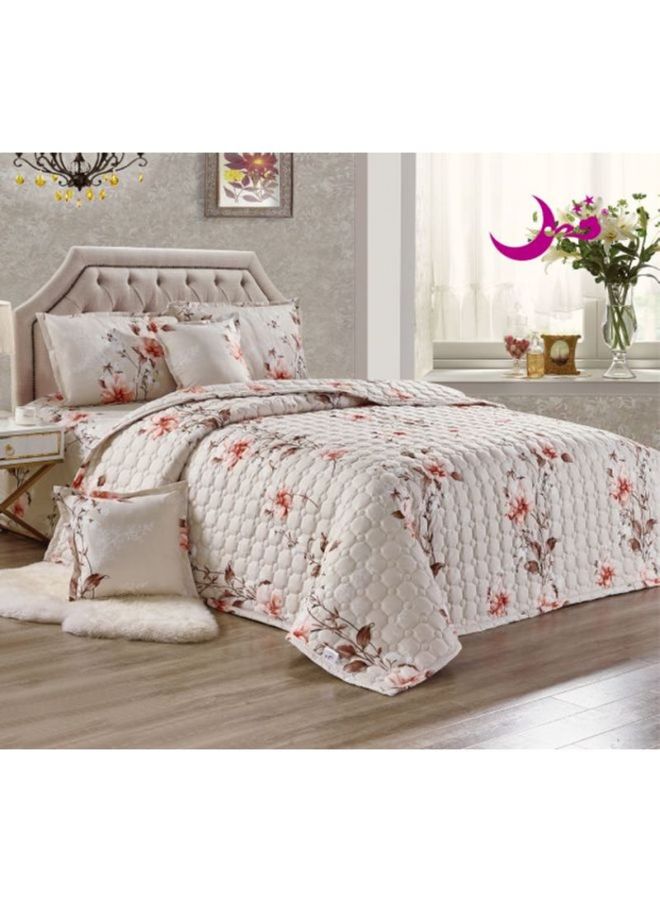 4-Piece Floral Printed Quilt Set Polyester White/Brown/Red Single