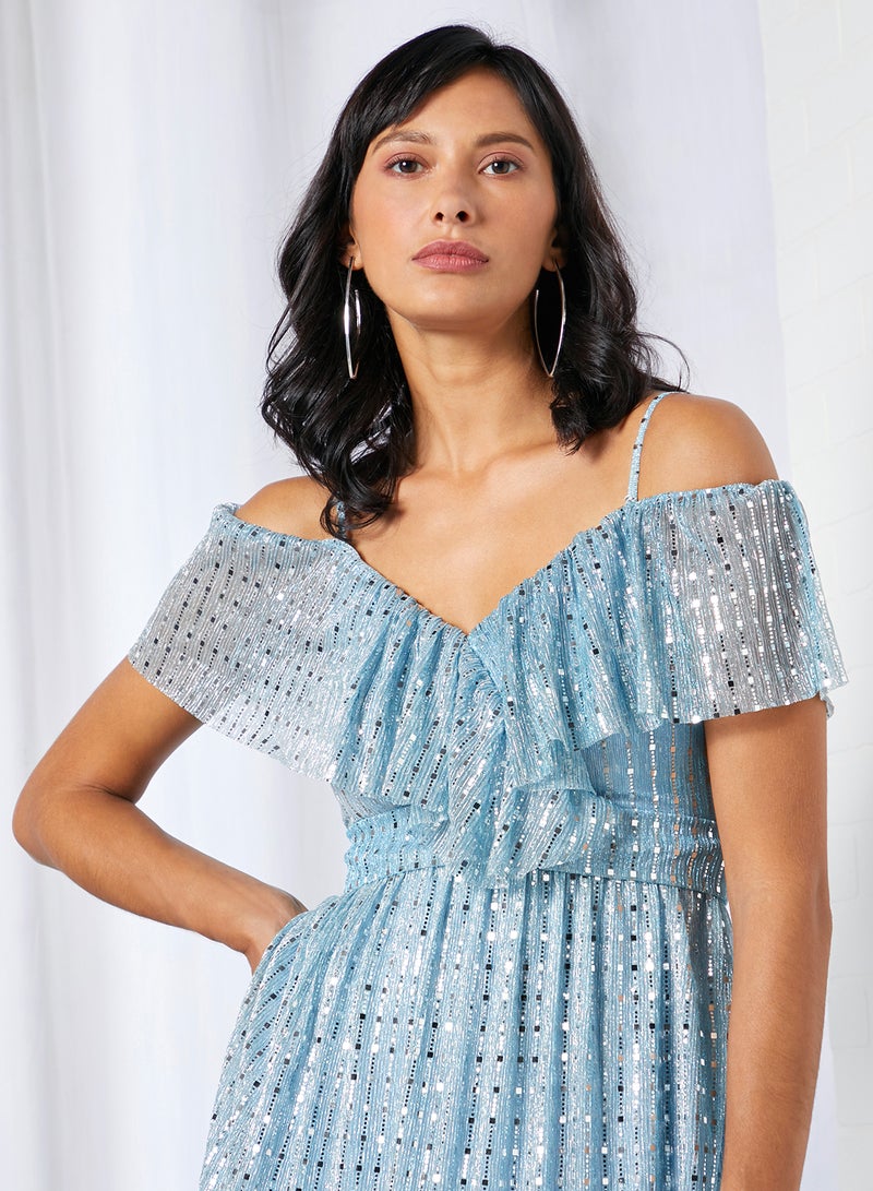 trendyol - Embellished Off Shoulder Dress Blue - Image 1