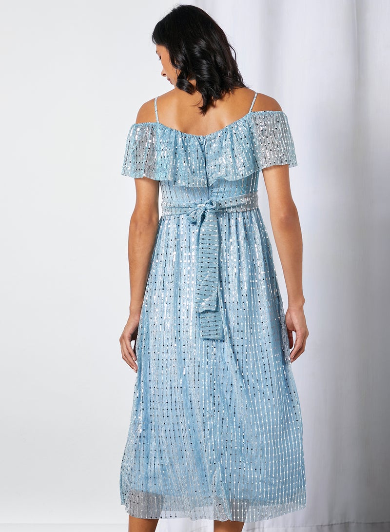 trendyol - Embellished Off Shoulder Dress Blue - Image 1