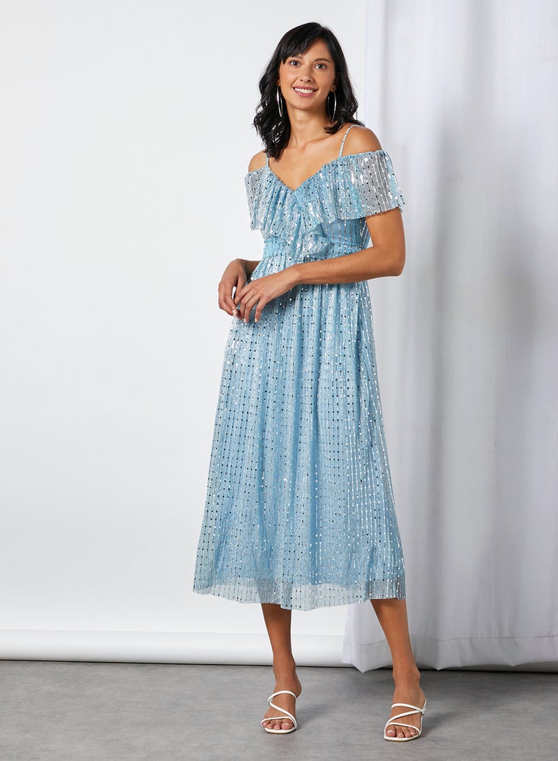 trendyol - Embellished Off Shoulder Dress Blue - Image 1
