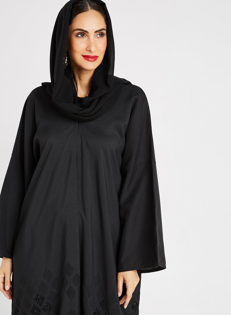 ROZA Embroidered Stone Hand Work Abaya Black  - Image 3