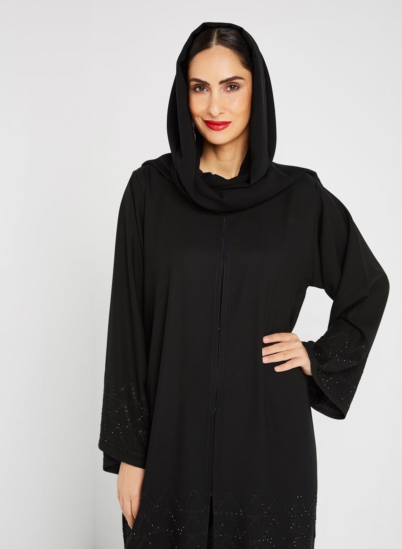 ROZA Embroidered Stone Hand Work Abaya Black  - Image 3