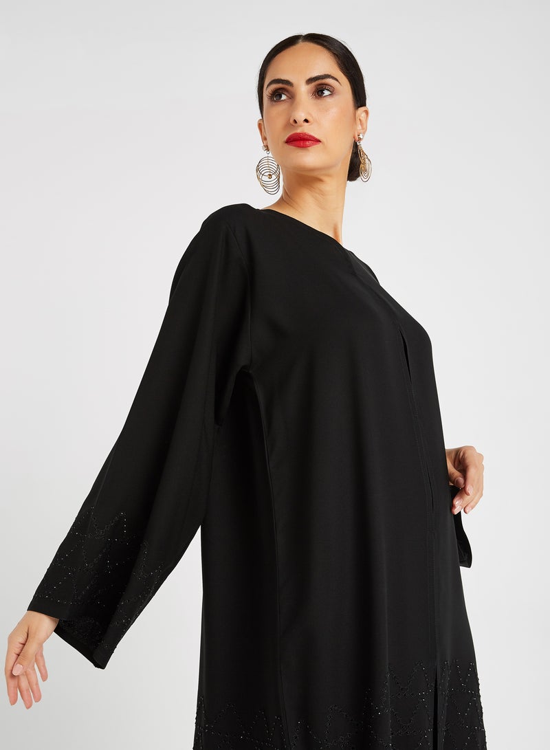 ROZA Embroidered Stone Hand Work Abaya Black  - Image 4