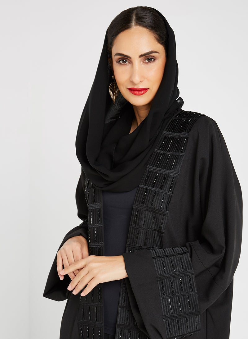 ROZA Embroidered Stone Hand Work Abaya Black  - Image 3