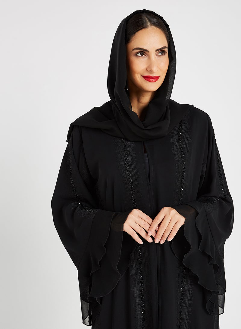 ROZA - Embroidered Stone Hand Work Abaya Black - Image 1