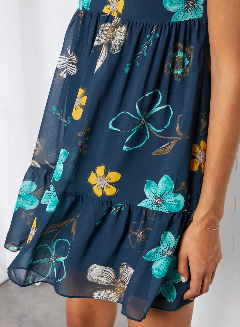 trendyol Floral Tiered Dress Navy