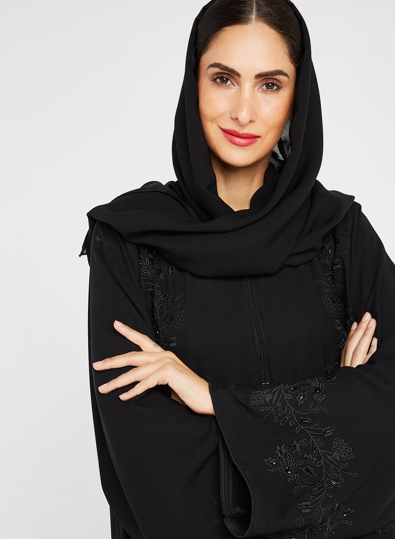 ROZA Embroidered Stone Hand Work Abaya Wih Sheila Black  - Image 4
