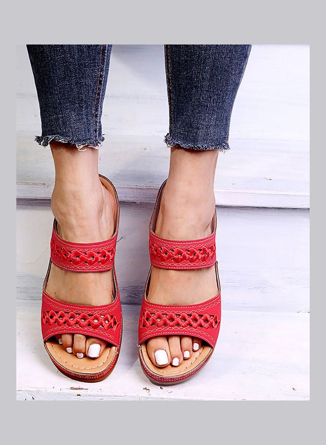 Generic - Women Faux Leather Anti Slip Low Wedge Sandals Hollow out Platform Slippers Red - Image 1