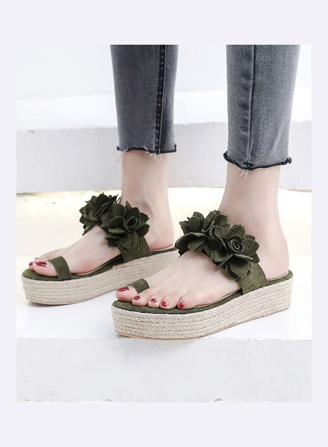 Fashion Women Flowers Decor Sandals Toe Loop Flip Flops Slippers Platform Shoes Green  - Image 4