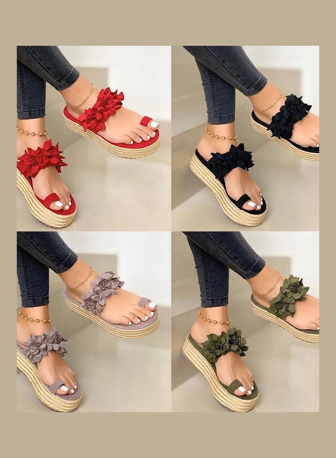 Fashion Women Flowers Decor Sandals Toe Loop Flip Flops Slippers Platform Shoes Green  - Image 5