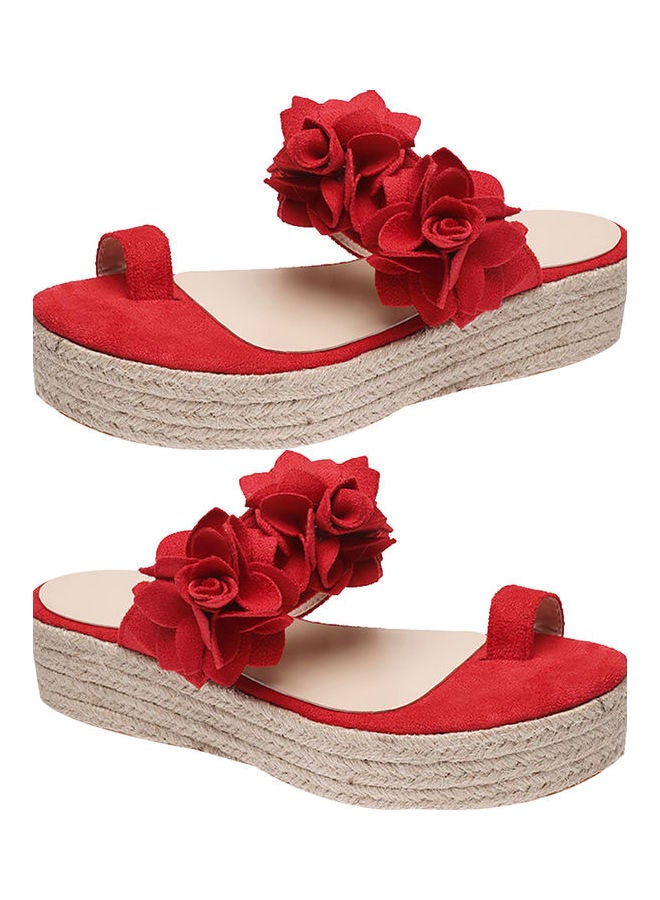 Fashion Women Flowers Decor Sandals Toe Loop Flip Flops Slippers Platform Shoes Red  - Image 1