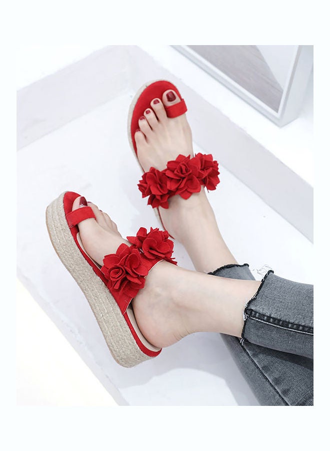 Fashion Women Flowers Decor Sandals Toe Loop Flip Flops Slippers Platform Shoes Red  - Image 2