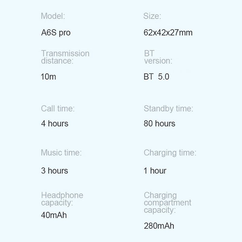 سماعة أذن صغيرة لاسلكية A6S برو بتقنية لاسلكية حقيقية TWS مع علبة شحن أسود - Image 4