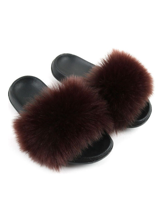 Stylish Women Faux Fur Open Toe Flat Slippers Sandals Non Slip Homewear Shoes Coffee  - Image 1