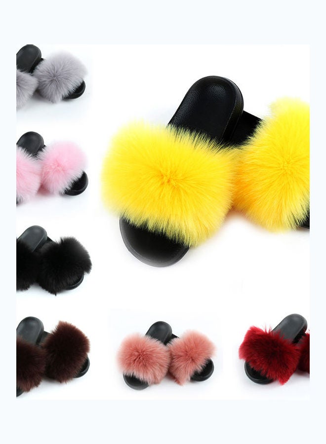 Stylish Women Faux Fur Open Toe Flat Slippers Sandals Non Slip Homewear Shoes Coffee  - Image 3