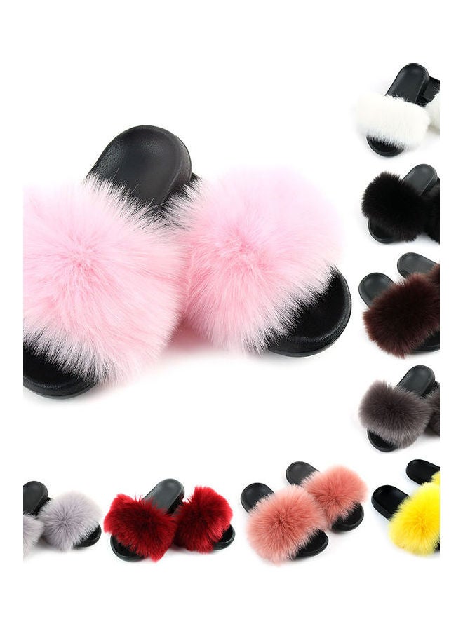 Stylish Women Faux Fur Open Toe Flat Slippers Sandals Non Slip Homewear Shoes Coffee  - Image 2