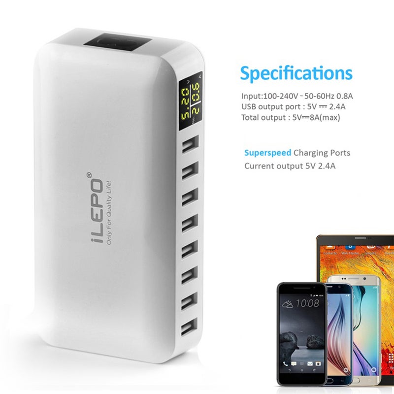 8 Ports Smart USB Charger With LCD Display White 15.5 x 4.5 x 15.5cm - Image 2