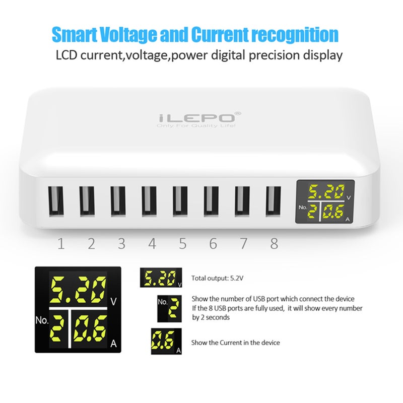 8 Ports Smart USB Charger With LCD Display White 15.5 x 4.5 x 15.5cm - Image 4