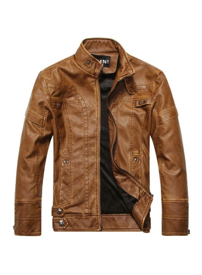 Stand Collar Fleece Lined Motorcycle Jacket Brown  - Image 1