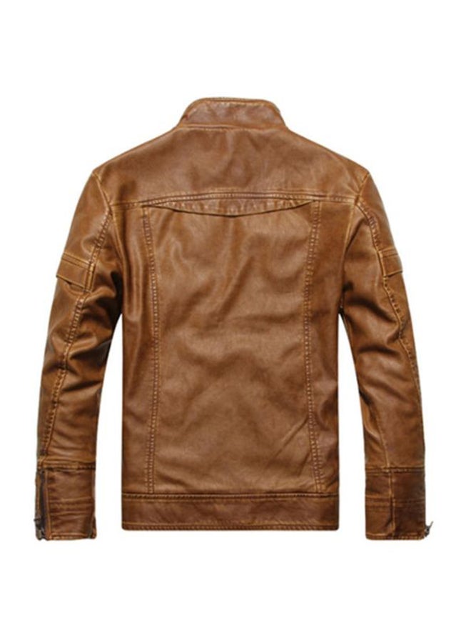 Stand Collar Fleece Lined Motorcycle Jacket Brown  - Image 2