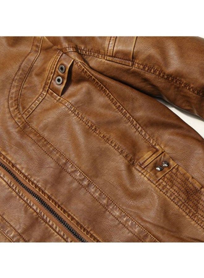 Stand Collar Fleece Lined Motorcycle Jacket Brown  - Image 3