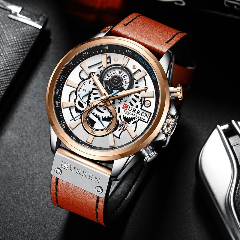 CURREN - unisex Quartz Movement Leather Strap Time & Calendar Display Fashion Wrist Watch J4517RG-S-KM - 48 mm - Brown - Image 1