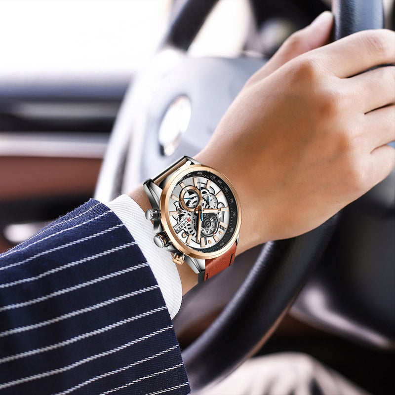CURREN - unisex Quartz Movement Leather Strap Time & Calendar Display Fashion Wrist Watch J4517RG-S-KM - 48 mm - Brown - Image 1