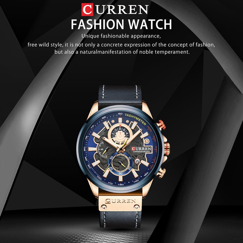 CURREN - unisex Quartz Movement Leather Strap Time & Calendar Display Fashion Wrist Watch J4517RG-S-KM - 48 mm - Brown - Image 1