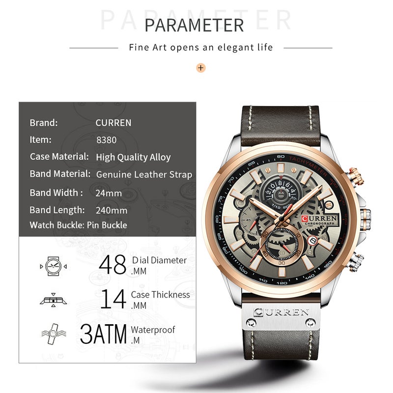 CURREN - unisex Quartz Movement Leather Strap Time & Calendar Display Fashion Wrist Watch J4517RG-S-KM - 48 mm - Brown - Image 1
