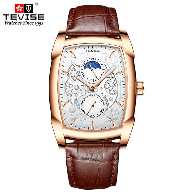 Quartz Analog Chronograph Wrist Watch With Moon Phase Leather Strap For Men