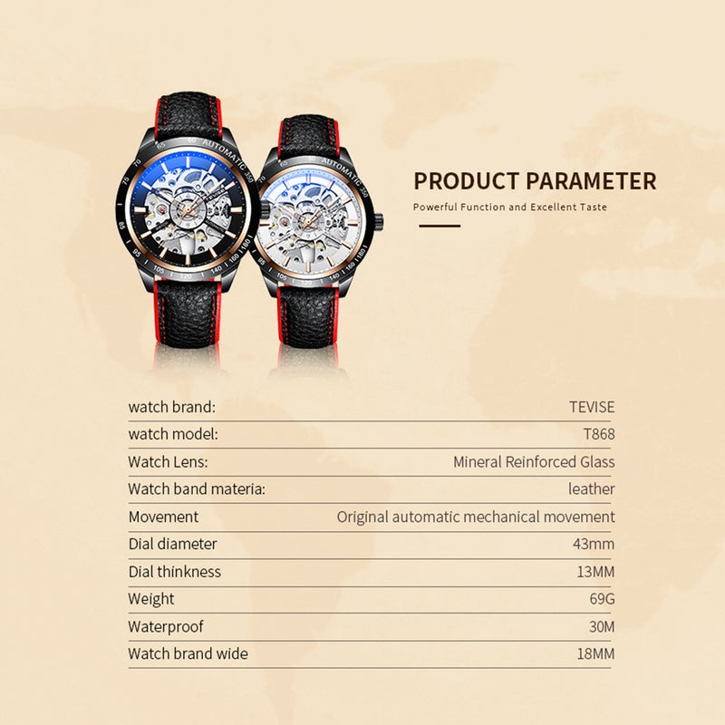 Tevise - Automatic Mechanical Wrist Watch With Luminous Pointer Leather Band For Men - Image 1