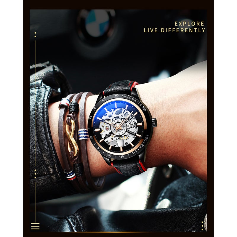 Tevise Automatic Mechanical Wrist Watch With Luminous Pointer Leather Band For Men - Image 4