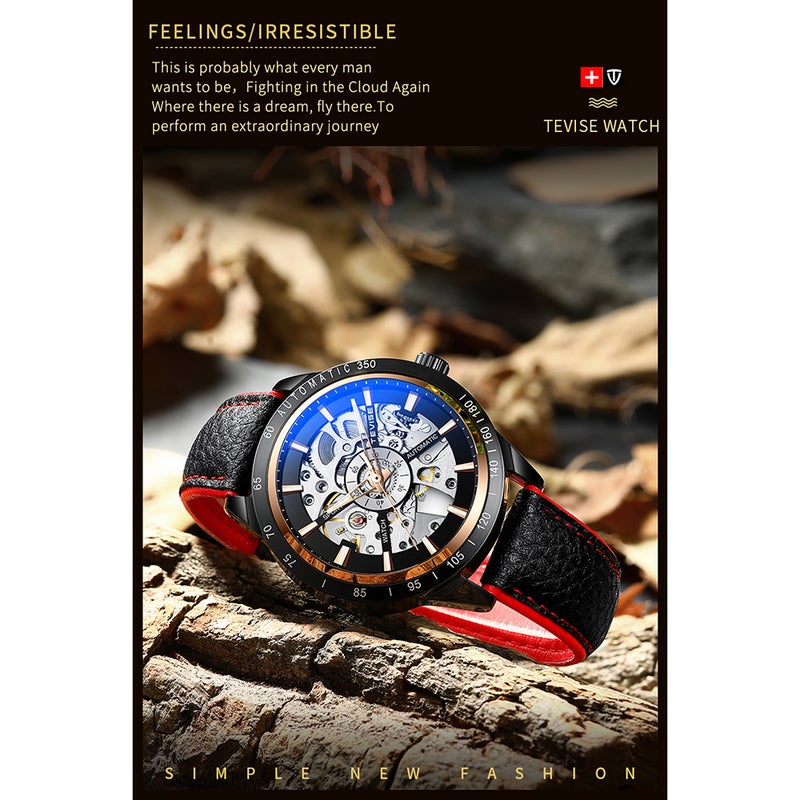 Tevise Automatic Mechanical Wrist Watch With Luminous Pointer Leather Band For Men - Image 2