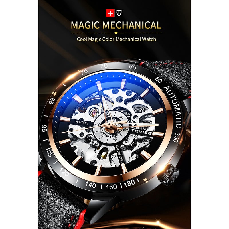 Tevise Automatic Mechanical Wrist Watch With Luminous Pointer Leather Band For Men - Image 3