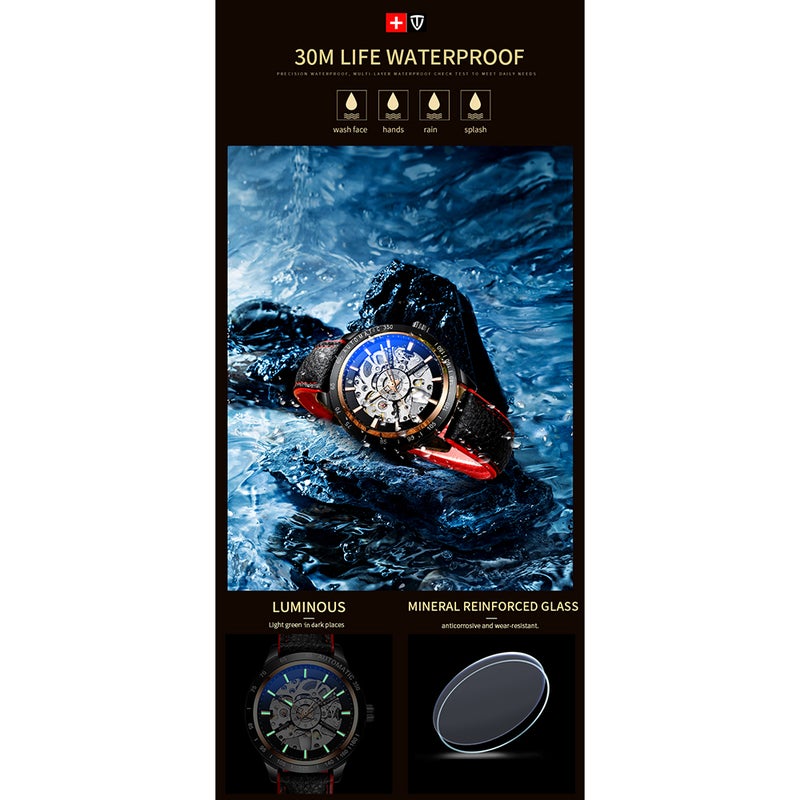 Tevise Automatic Mechanical Wrist Watch With Luminous Pointer Leather Band For Men - Image 5