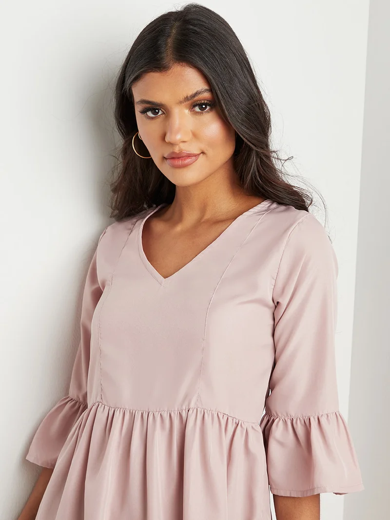 Closet By Styli Solid Bell Sleeves Mini Dress Pink
