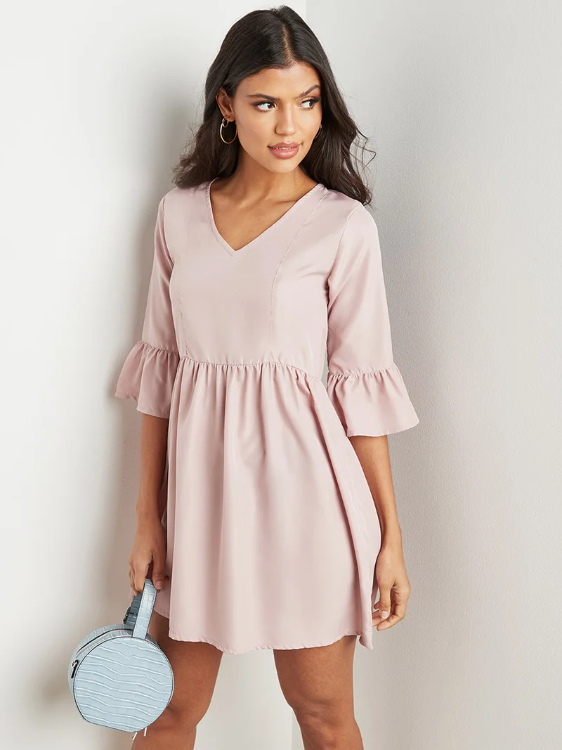 Closet By Styli Solid Bell Sleeves Mini Dress Pink