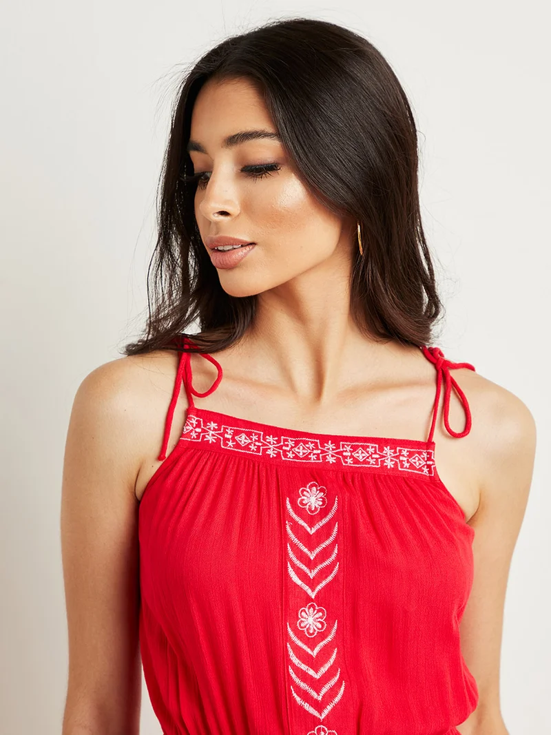 Closet By Styli Embroidered Detail Square Neck Tie Shoulder Playsuit Red