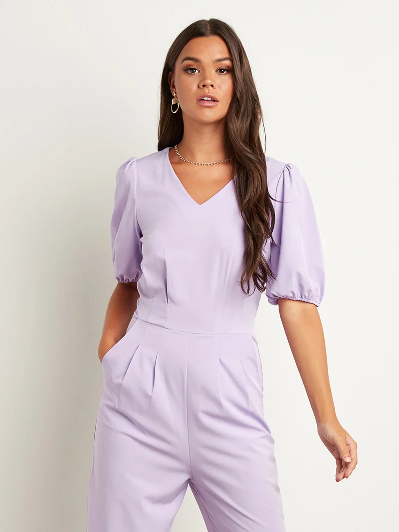 Closet By Styli Plain V Neck Straight Leg Jumpsuit with Side Pocket Lilac