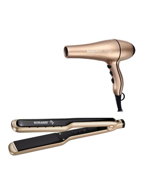 2-Piece Hair Dryer And Wet & Dry Ceramic Hair Straightener Flat Iron Set SHD-3047 + SHS-2059 Bundle Gold/Black