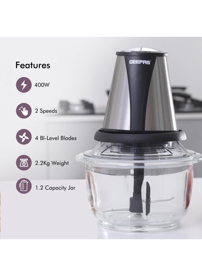 GEEPAS Mini Food Processor, 1.2L Glass Jar Bowl & 4 Stainless Steel Blades, 2 Speed, Mini Food Chopper Shredder Perfect for Salads, Salsa, Guacamole, Pesto, Curry Pastes & More - 2 Year Warranty 1.2 L 400.0 W GMC42014 Black/Silver/Clear  - Image 4