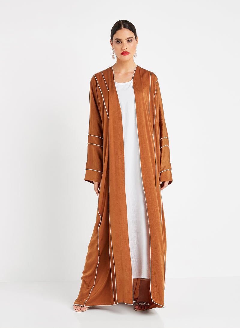 ROZA Inner Top With Piping Detailed Abaya Brown/White - Image 1