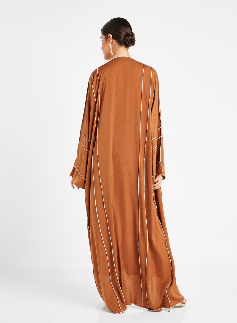 ROZA Inner Top With Piping Detailed Abaya Brown/White - Image 2