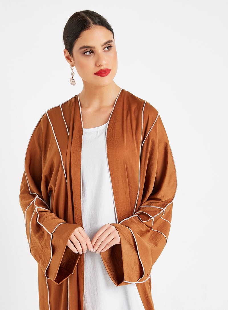 ROZA Inner Top With Piping Detailed Abaya Brown/White - Image 3