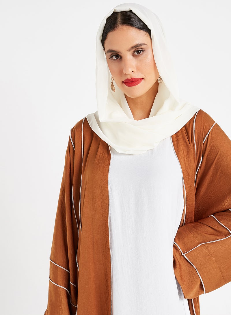 ROZA Inner Top With Piping Detailed Abaya Brown/White - Image 4