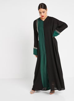 Bousni Front Open Wide Sleeves Abaya Black/Green  - Image 1