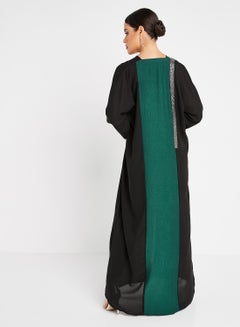 Bousni Front Open Wide Sleeves Abaya Black/Green  - Image 2