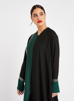 Bousni Front Open Wide Sleeves Abaya Black/Green  - Image 3